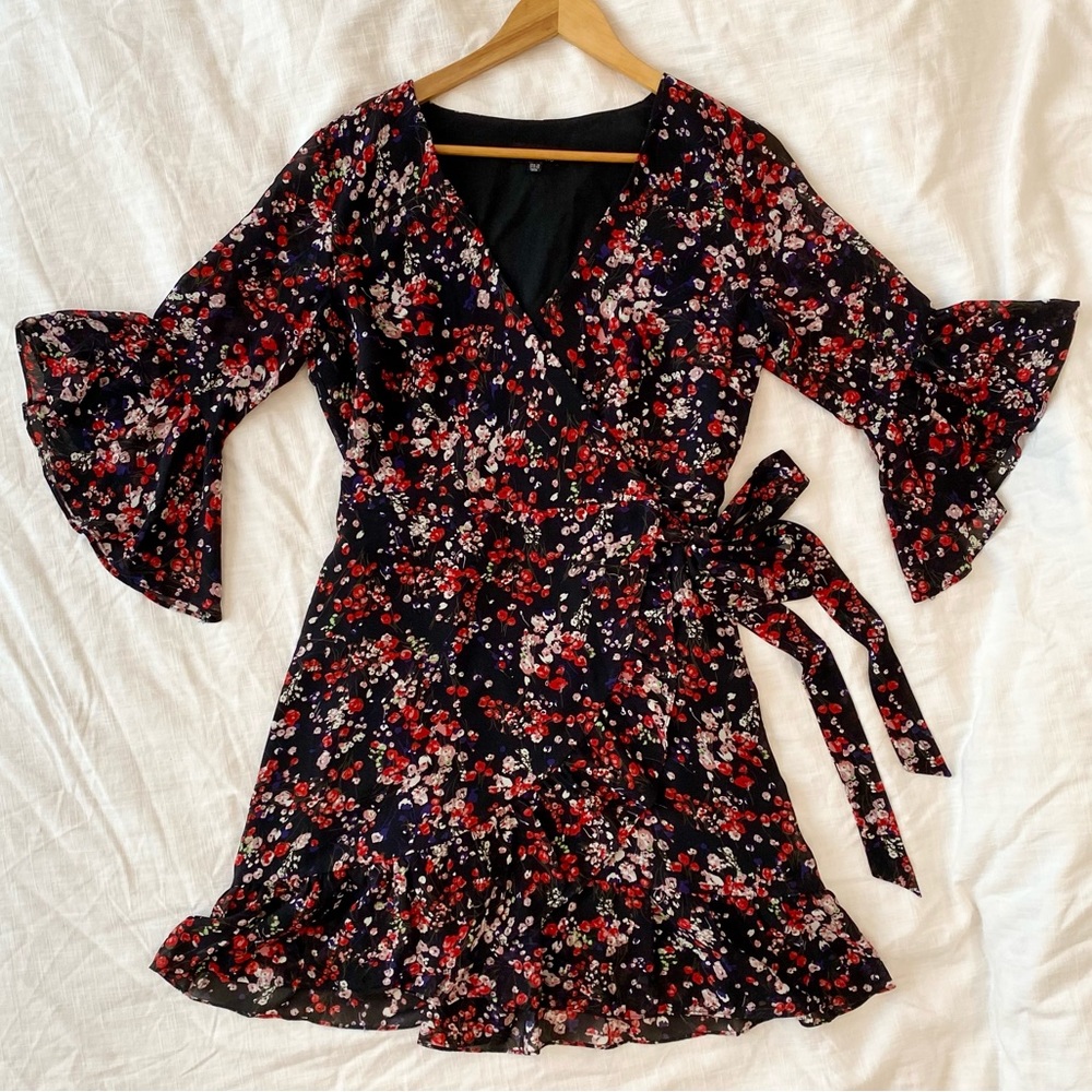 Lucy Paris Red/Black Floral Wrap w/ Side Tie & Ruffle Sleeve/Skirt